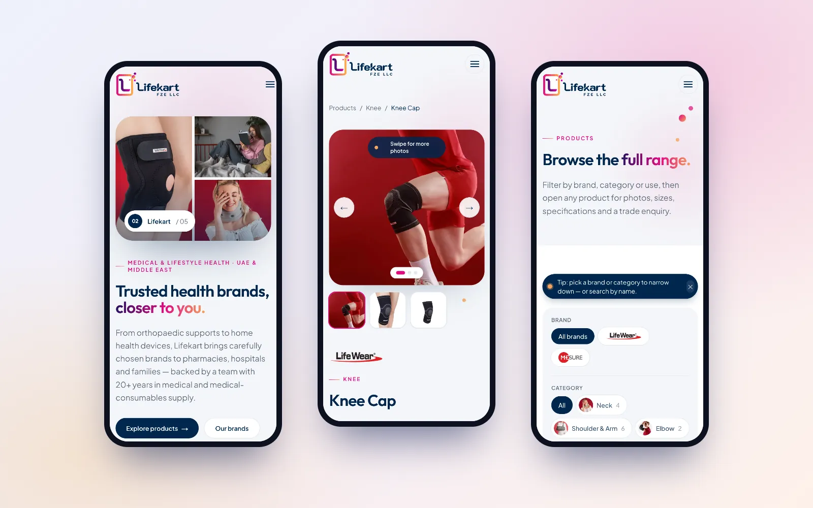 Lifekart website on mobile: home, product and catalogue pages
