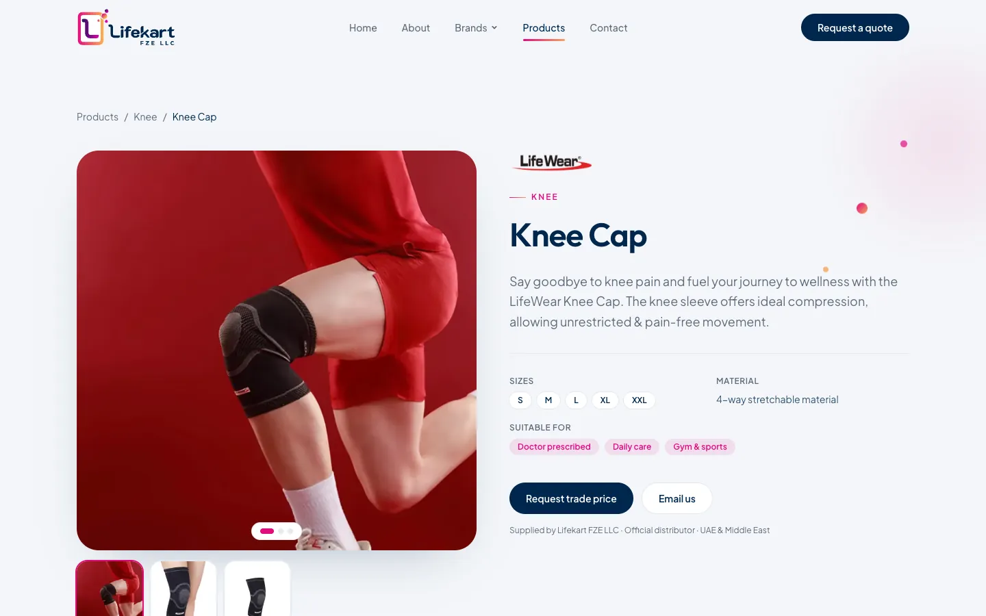 Lifekart product page with gallery, sizes and specifications