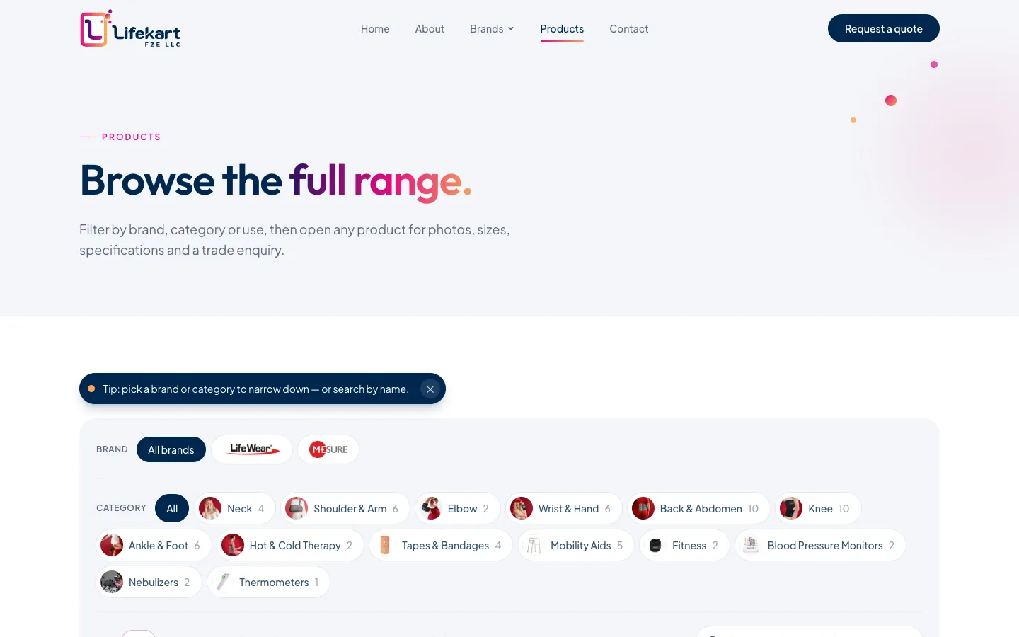 Lifekart product catalogue with brand and category filters